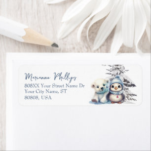 Schattige baby pinguïn en ijsbeer welp winter etiket