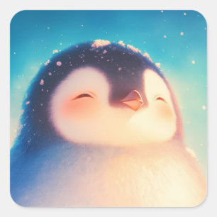 Schattige baby pinguïn lacht in zonovergoten blauw vierkante sticker