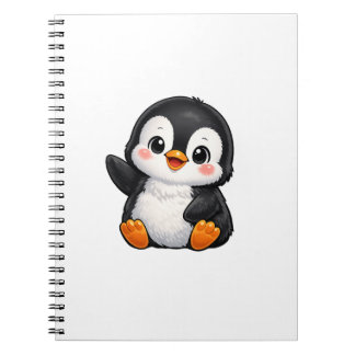 Schattige baby pinguïn zwaaiend cartoon karakter k notitieboek