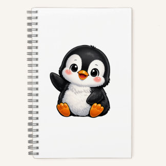 Schattige baby pinguïn zwaaiend cartoon karakter k notitieboek
