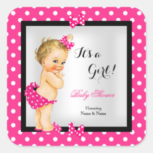 Schattige baby shower meisje hete roze zwart blond vierkante sticker