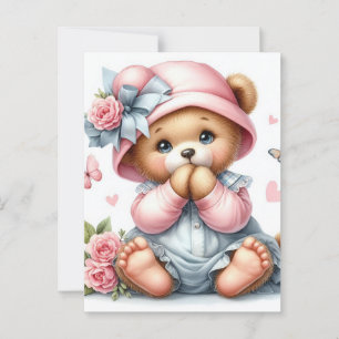 Schattige baby teddybeer met roze pet en boog briefkaart