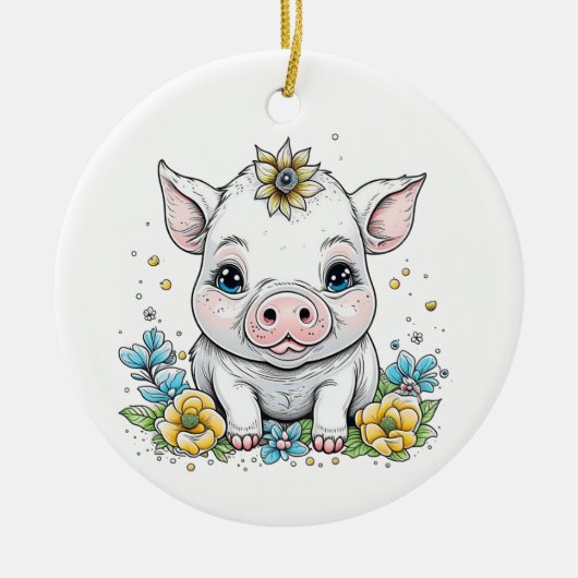 Schattige Baby Varkensvarken met bloem op haar hoo Keramisch Ornament (Voorkant)