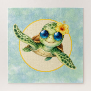 Schattige baby zeeschildpadden met tropische bloem legpuzzel