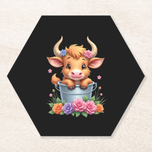 Schattige babyhooglandkoe Met bloemen Kalf Dier co Kartonnen Onderzetters