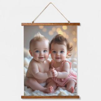 Schattige babyjongen en -meisje delen een zoet mom hangend wandkleed