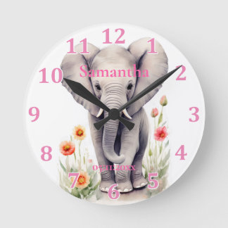 Schattige babyolifant pastel waterverf lente bloem ronde klok