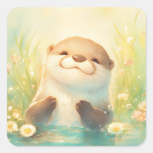 Schattige babyotter lacht in zonovergoten vijver vierkante sticker