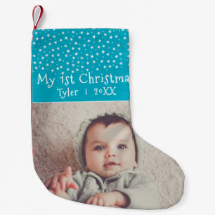 Schattige baby's 1e kerstmis blauwe sterren foto kleine kerstsok