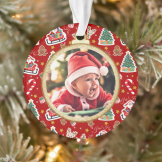 Schattige Baby's Eerste Kerst Ornament rood