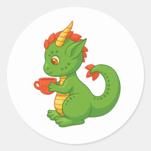 Schattige babyschaaldraak houdt kopje vast ronde sticker