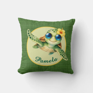 Schattige babyschildpad met blauwe zonnebril en hi kussen