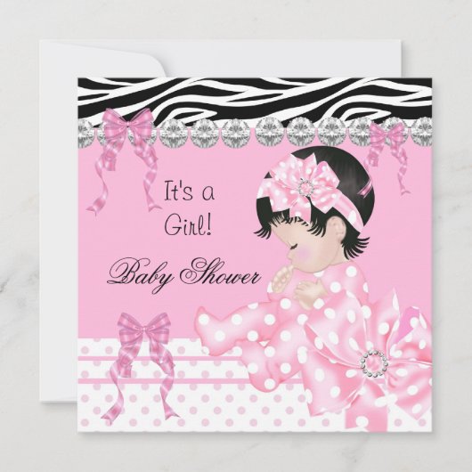 Schattige babyshower meisje roze zebra polka stipp kaart (Voorkant)