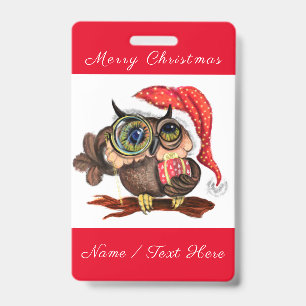 Schattige babyuil in kerstmuts en cadeau - Cartoon Badge