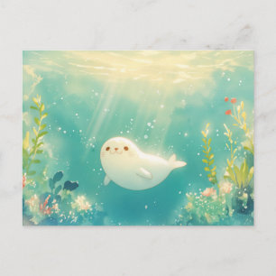 Schattige babyzeehond in lichtgevende oceaan briefkaart