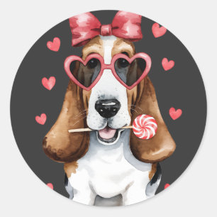 Schattige Basset Hound Genieten van Lollipop Valen Ronde Sticker