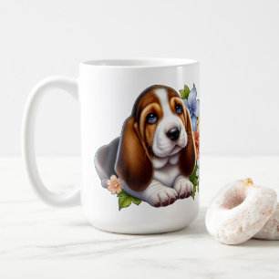 Schattige Basset Hound Puppy Zit met Bloemen Koffiemok
