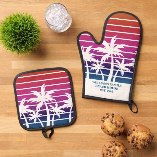 Schattige Beach House Sunset Palm Tree Custom Ovenwant & Pannenlap Set (Top down)