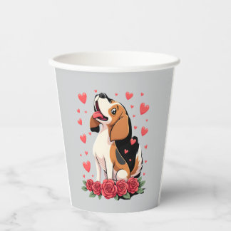 Schattige Beagle met Rode Rozen Harten Bloem Valen Papieren Bekers