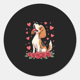 Schattige Beagle met Rode Rozen Harten Bloem Valen Ronde Sticker