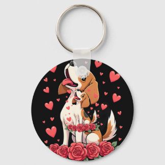 Schattige Beagle met Rode Rozen Harten Bloem Valen Sleutelhanger