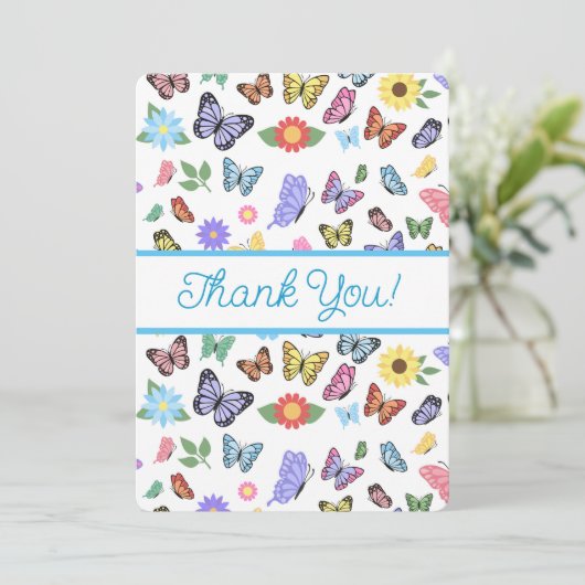 Schattige bedankje vlinders en bloemetjes bedankkaart (Staand voorkant)