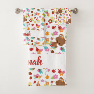 Schattige Beer & bladeren Baby Meisje Gepersonalis Bad Handdoek