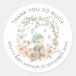  Schattige Beer Bloemen Bedankt Jongen Baby shower Ronde Sticker