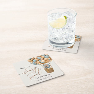 Schattige Beer, Blue Balloons, Eerste Verjaardag Vierkante Kartonnen Onderzetter