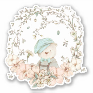 Schattige  Beer Botanische Bloemen Baby jongen Sticker