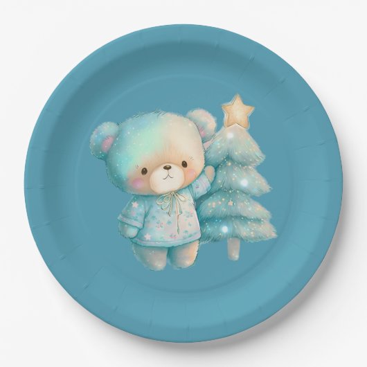 Schattige Beer en kerstboom Blauwgroen vakantie Papieren Bordje (Voorkant)