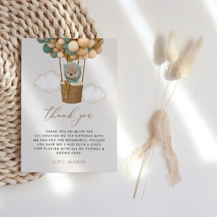 Schattige Beer, groene ballonnen, eerste verjaarda Bedankkaart