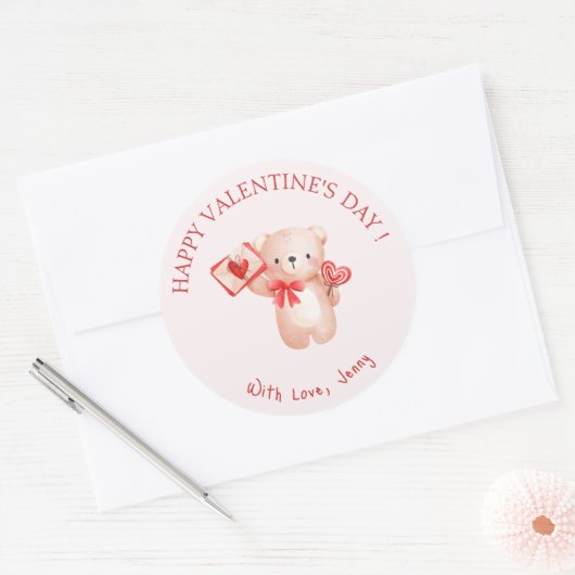 Schattige Beer Hart Gelukkige Valentijnsdag Ronde Sticker (Envelop)