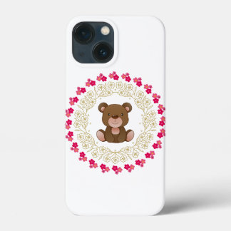 Schattige beer in een bloemenkrans iPhone 13 mini hoesje