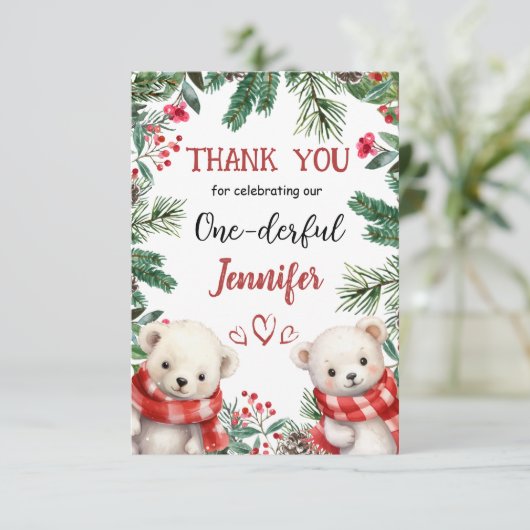 Schattige Beer Kerst 1° Verjaardag Dank u kaart (Staand voorkant)
