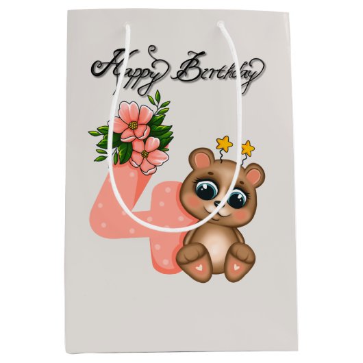 Schattige beer meisjes Verjaardag 4e Medium Cadeauzakje (Voorkant)