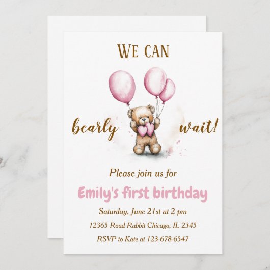 Schattige Beer met roze ballonnen | verjaardagsuit Kaart (Voorkant / Achterkant)