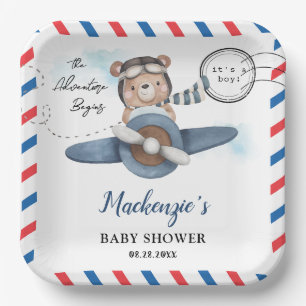 Schattige Beer Plane Adventure Begins Boy Baby sho Papieren Bordje