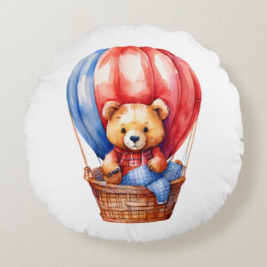 Schattige Beer rijden in een luchtballonkussen Rond Kussen (Voorkant)