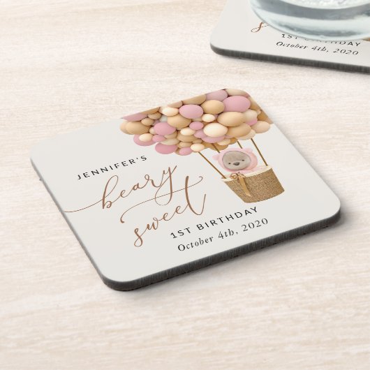 Schattige Beer, roze ballonnen, eerste verjaardag Bier Onderzetter (Linkerzijde)
