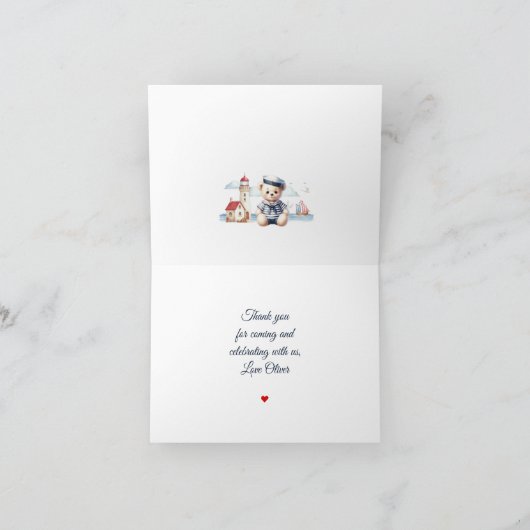 Schattige Beer Saior Nautisch Blauw 1e Verjaardag Bedankkaart (Binnen)