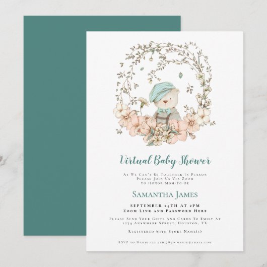 Schattige Beer Turquoise Virtual Baby shower Kaart (Voorkant / Achterkant)