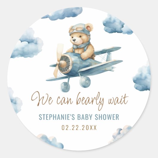 Schattige Beer Vliegtuig Blue Boy Baby shower Ronde Sticker (Voorkant)