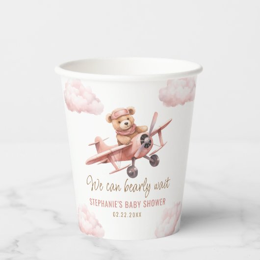 Schattige Beer Vliegtuig Roze Meisje Baby shower Papieren Bekers (Voorkant)