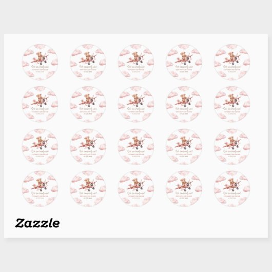 Schattige Beer Vliegtuig Roze Meisje Baby shower Ronde Sticker (Vel)