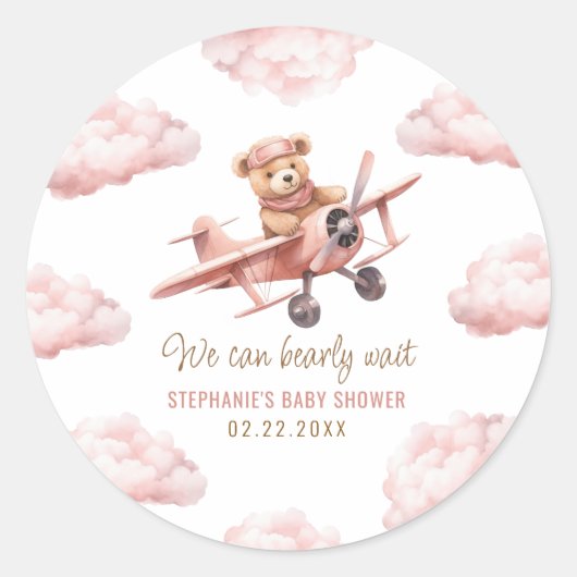 Schattige Beer Vliegtuig Roze Meisje Baby shower Ronde Sticker (Voorkant)