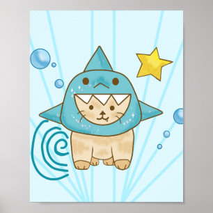 Schattige beige kat in haaienpak aqua zee thema poster