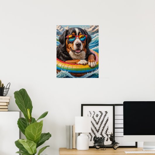 Schattige Berner Mountain Dog geniet van Float Tri Poster (Thuiskantoor)