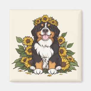 Schattige Berner Sennenhond met zonnebloemenkroon Magneet