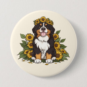 Schattige Berner Sennenhond met zonnebloemenkroon Ronde Button 7,6 Cm